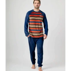 Pijama MUNICH hombre dos piezas de terciopelo marino-multicolor.