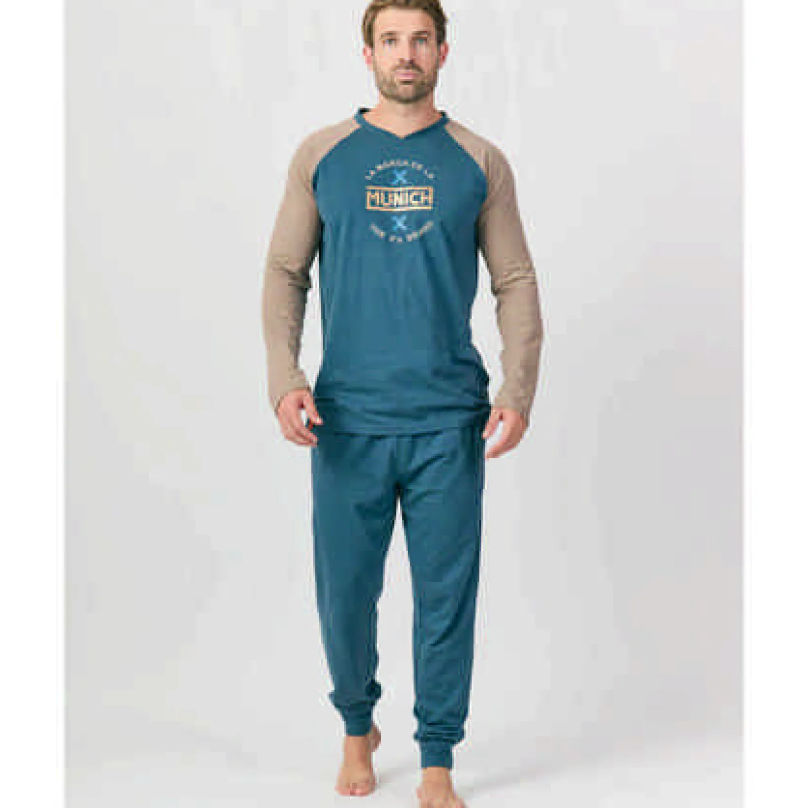 Pijama MUNICH hombre dos piezas de algodón azul-marrón.