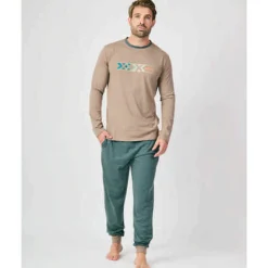 Pijama MUNICH hombre dos piezas de algodón marrón-verde.