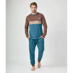 Pijama MUNICH hombre dos piezas de algodón azul-marrón-beige.