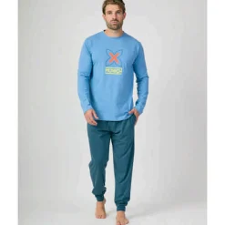 Pijama MUNICH hombre dos piezas de algodón celeste-marino.